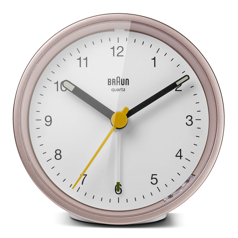 NewNest Australia - Braun Classic Analogue Alarm Clock with Snooze and Light, Quiet Quartz Movement, Crescendo Beep Alarm in White and Rose, Model BC12PW. 