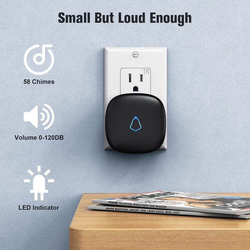 SECRUI Wireless Doorbell with 2 Buttons, Waterproof Mini Doorbell 1,000ft Range 110dB Mute Mode 58 Door Chimes & Colorful LED Flashing - Black - NewNest Australia