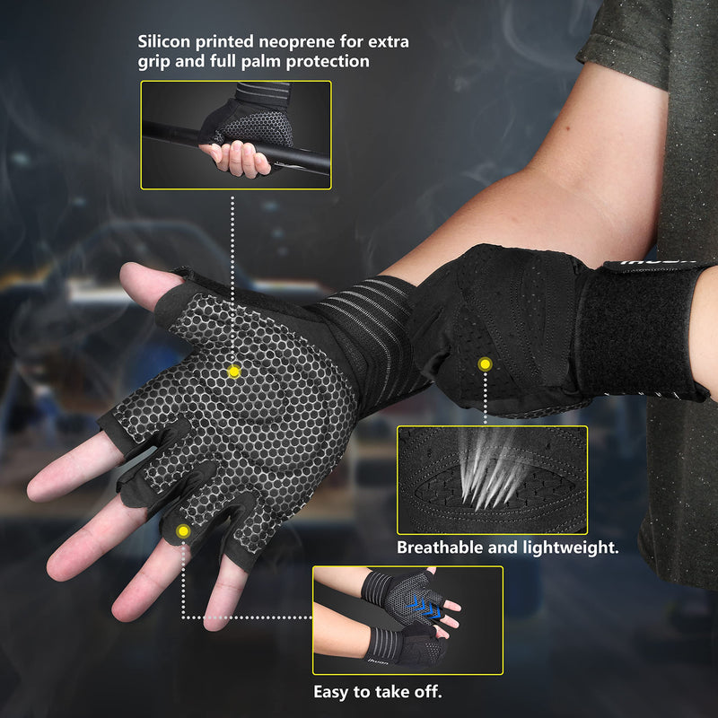 ihuan Ventilated Weight Lifting Gym Workout Gloves with Wrist Wrap Support for Men & Women, Full Palm Protection, for Weightlifting, Training, Fitness, Hanging, Pull ups Black Large - NewNest Australia