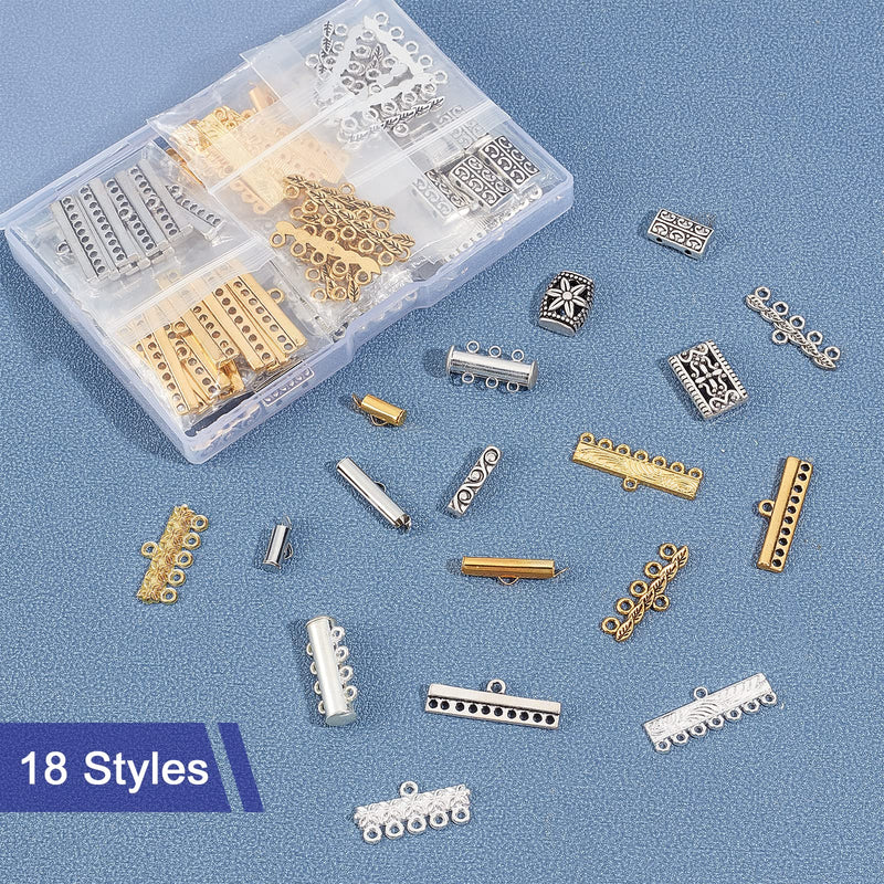 PH PandaHall 18 Styles Layering Clasp, 166pcs Slide Lock Clasps Multi Strand Necklace Slide On End Clasp Tubes Tibetan Charm Connector Links Jewelry Clasps for Layered Bracelet Necklace Crafts - NewNest Australia