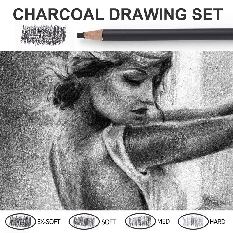 Qionew Professional Charcoal Pencils Drawing Set - 10 Pieces Ex-Soft, Soft, Medium & Hard Charcoal Pencils for Drawing, Sketching, Shading, Ideal Artist Pencils for Beginners & Artists - NewNest Australia