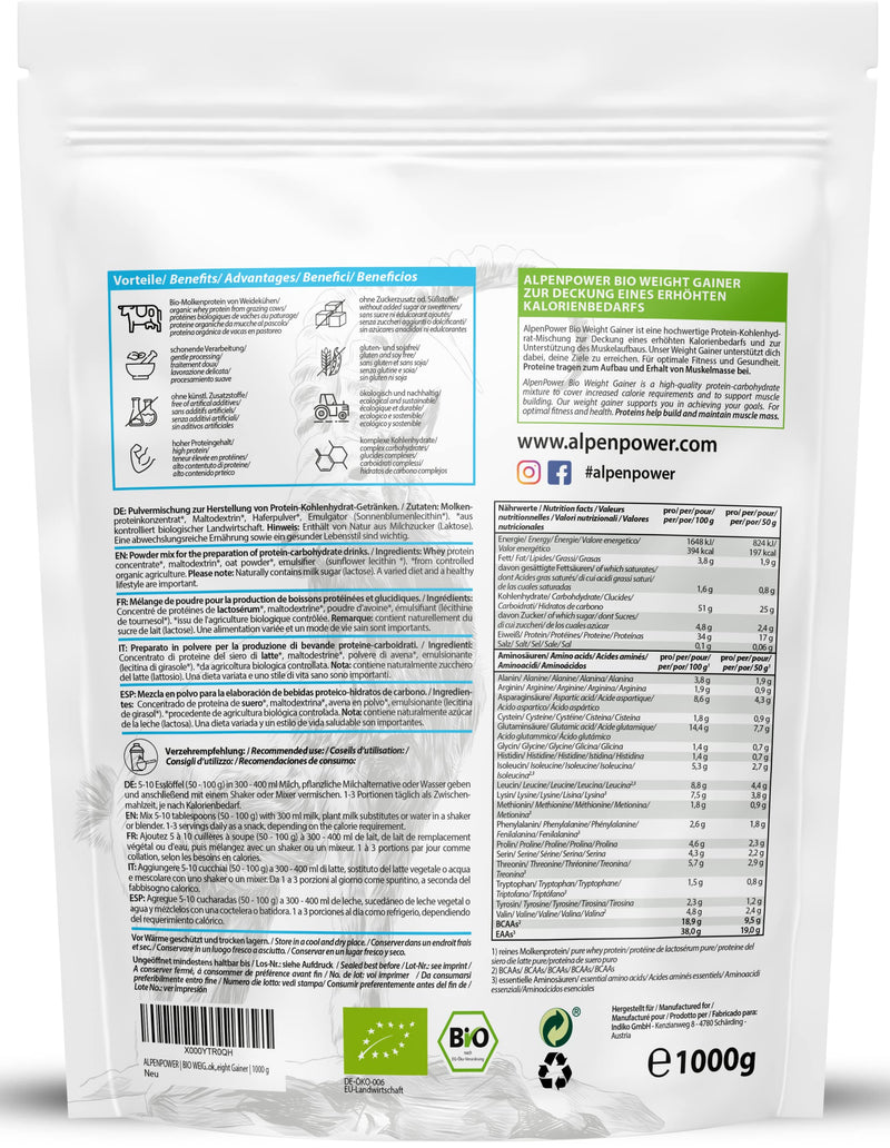 AlpenPower BIO Weight Gainer Neutral 1 kg I 100% natural ingredients & no additives I High-quality protein-carbohydrate mixture I For muscle building natural 1 kg (pack of 1) - NewNest Australia