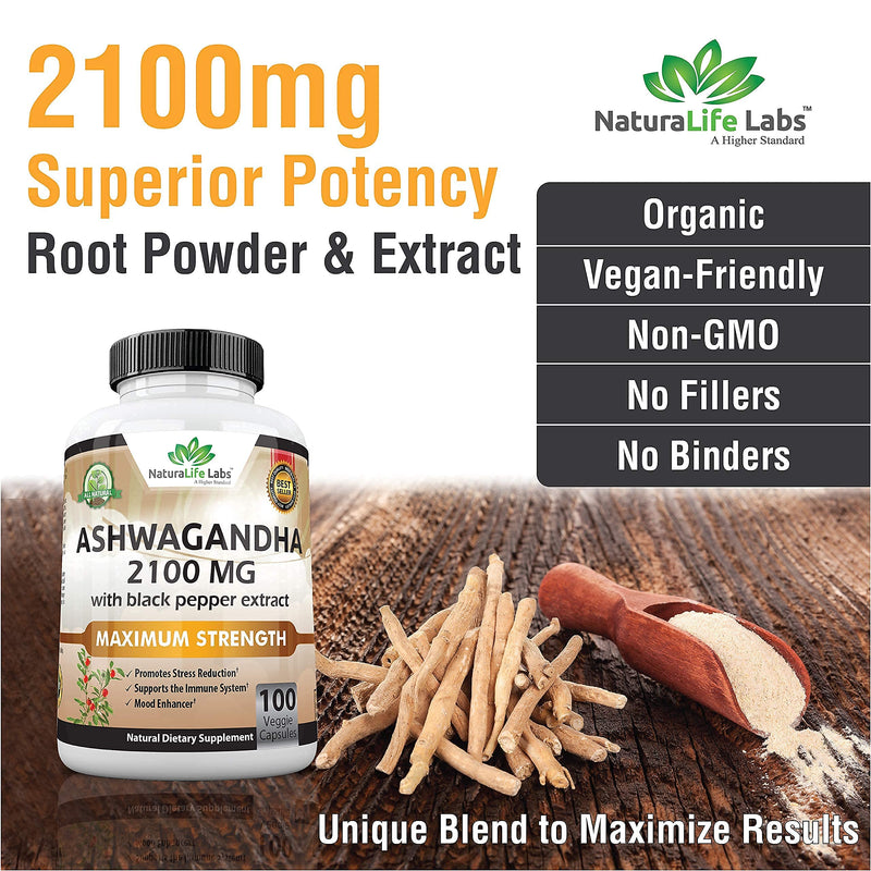 Organic Ashwagandha 2,100 mg - 100 Vegan Capsules Pure Organic Ashwagandha Powder and Root Extract - Stress Relief, Mood Enhancer, Immune & Thyroid Support - NewNest Australia