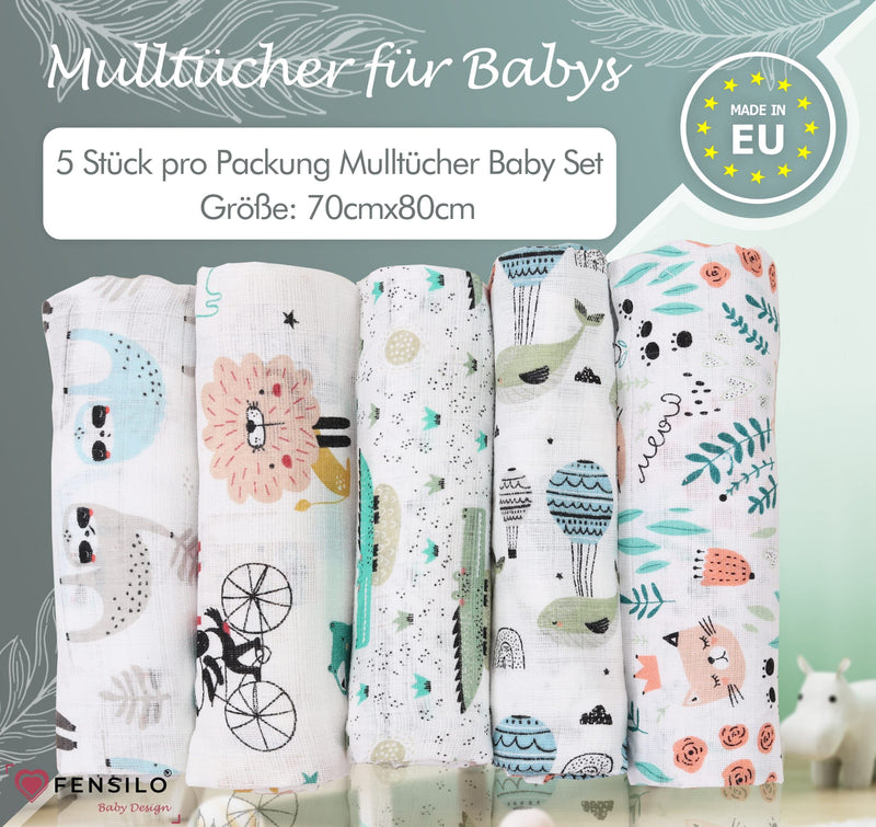Fensilo Baby Burp Cloths - Muslin Cloths - Cloth Diapers - Pack Of 5 70 X 80 Cm Made In Eu, Tested For Harmful Substances - Burp Cloths Baby Boy Girl Cloth With Cat - Crocodile - White - F5/4 80 X 70 Cm (Pack Of 5) - NewNest Australia
