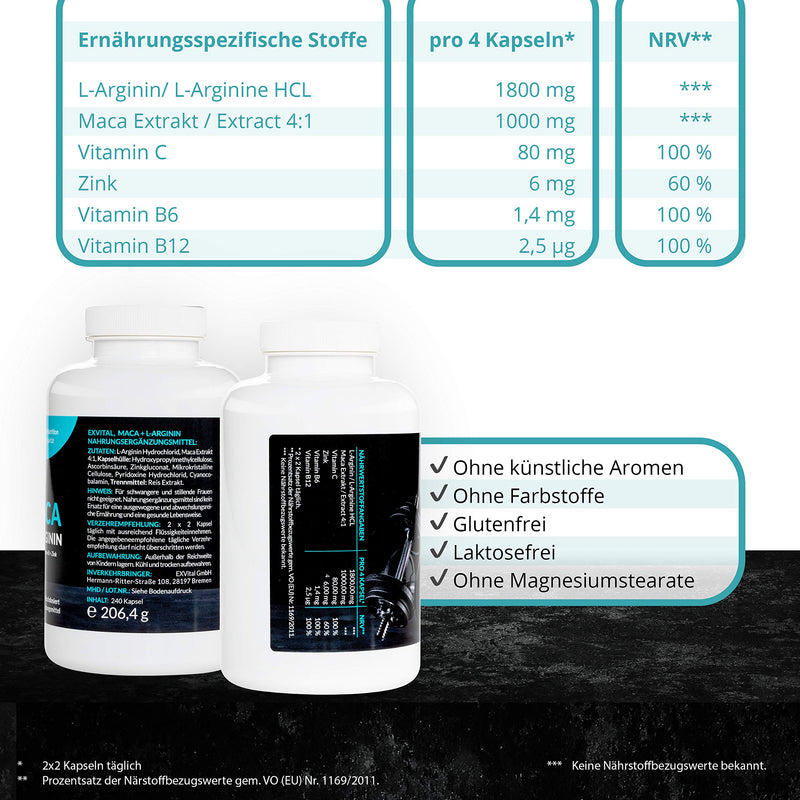 Exvital Maca Capsules 4000 Mg + L-Arginine 1800 Mg + Vitamins + Zinc, High Dosage, 2 Month Pack Of 240 Capsules In German Premium Quality, Money Back Guarantee, 1 Pack (1 X 206.4 G) - NewNest Australia