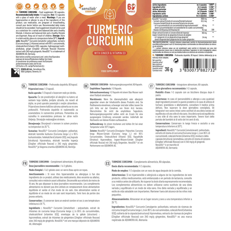 Turmeric Capsules With Vitamin D3-60 Capsule - Curcumin Capsules High Dose 1000 Mg - Ginger - Curcuma Extract - 185X Higher Bioavailability Curcuma Extract Capsules - Sensilab - NewNest Australia