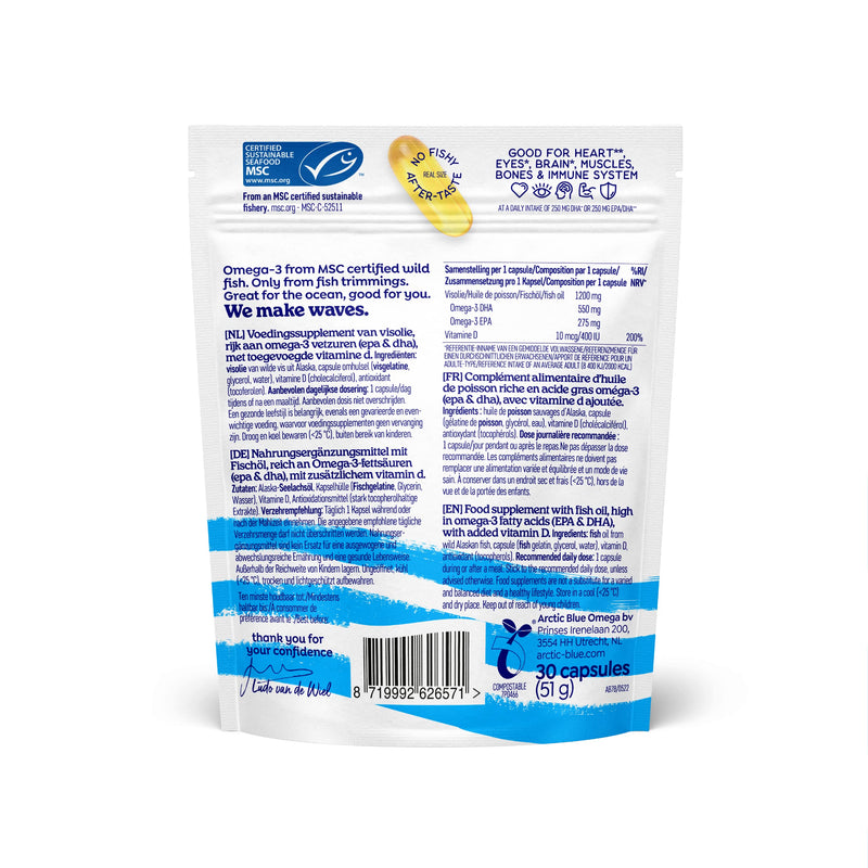 Arctic Blue fish oil capsules with vitamin D - high dosage with 550 mg DHA and 275 mg EPA - awarded with MSC seal for sustainable fishing - pure Alaska pollock oil - NewNest Australia