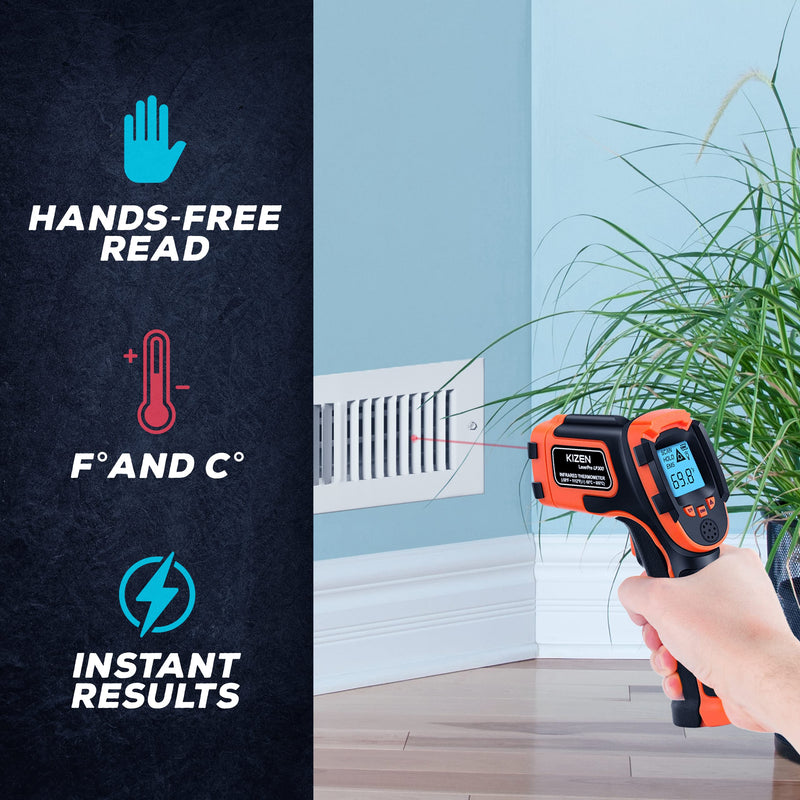 KIZEN Infrared Thermometer Gun (LaserPro LP300) - Handheld Heat Temperature Gun for Cooking, Pizza Oven, Grill & Engine - Laser Surface Temp Reader -58F to 1112F - NOT for Humans Orange - NewNest Australia