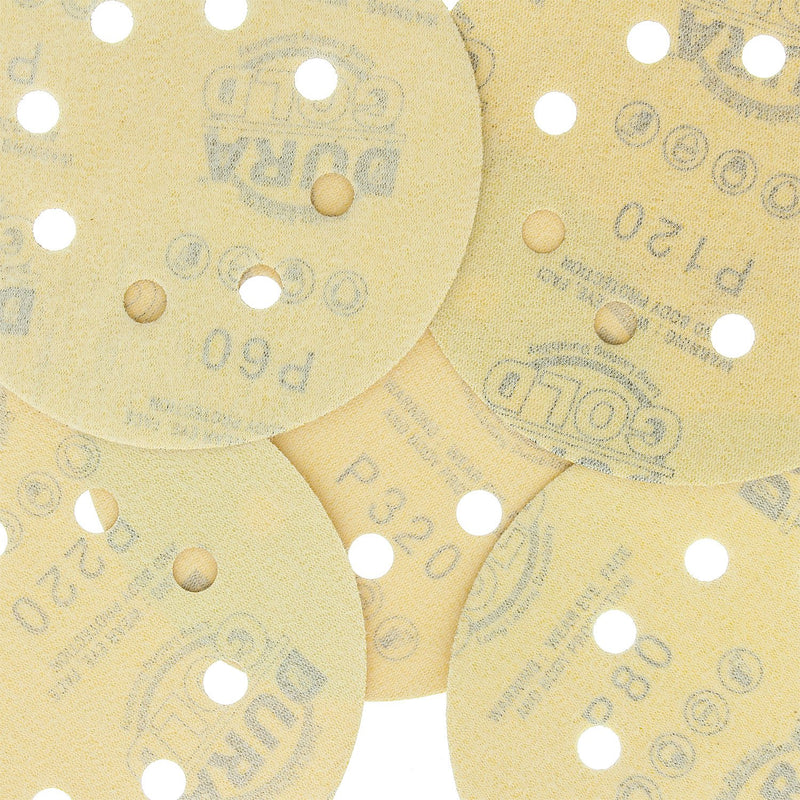 Dura-Gold Premium - Variety Pack - 5" Gold Sanding Discs - 8-Hole Dustless Hook and Loop - 10 each of Grit (60, 80, 120, 220, 320) -Box of 50 Sandpaper Finishing Discs for Woodworking or Automotive Variety Pack - 50 Discs - NewNest Australia