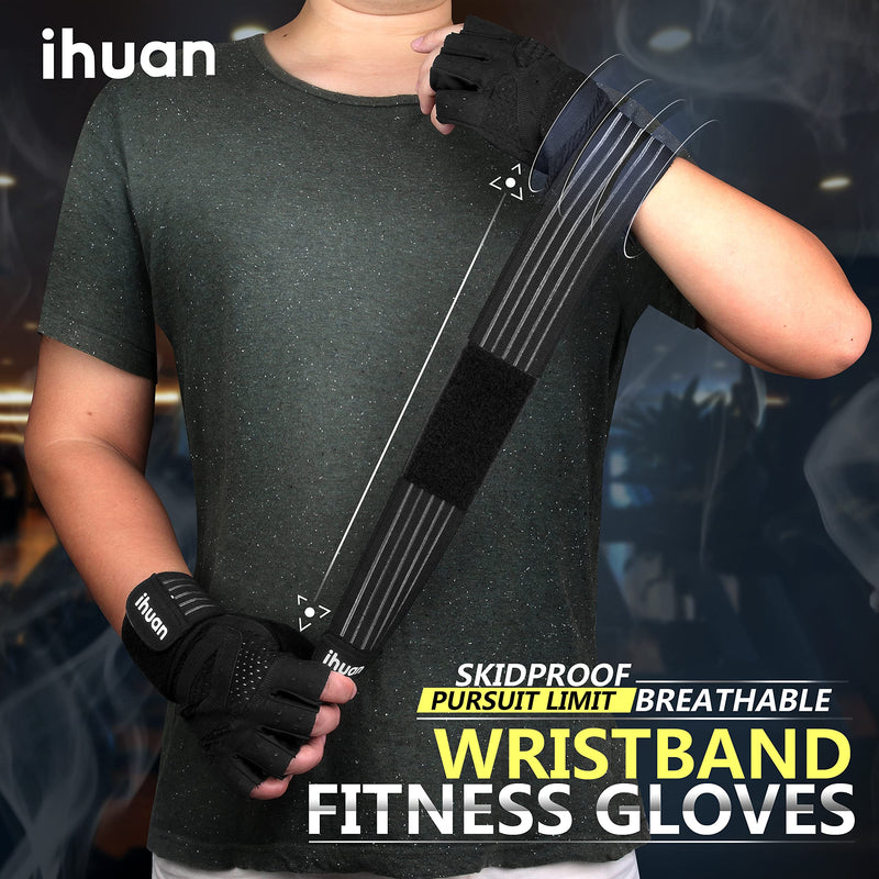 ihuan Ventilated Weight Lifting Gym Workout Gloves with Wrist Wrap Support for Men & Women, Full Palm Protection, for Weightlifting, Training, Fitness, Hanging, Pull ups Black Large - NewNest Australia