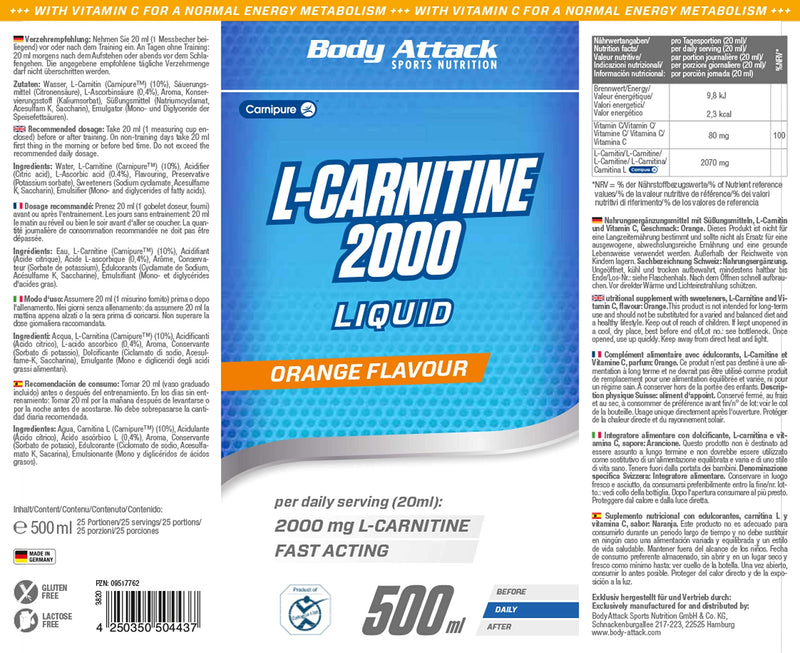 Body Attack L-Carnitine Liquid, Orange, Pack of 1 (1x 500 ml) - NewNest Australia