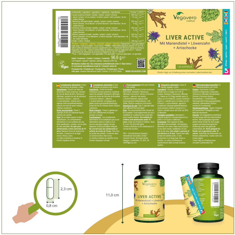 LIVER complex Vegavero® | Milk thistle, artichoke, dandelion, choline & chicory | With Silymarin & Cynarin | High-dose extracts | Liver & fat metabolism* | Vegan & No Additives | 120 capsules - NewNest Australia