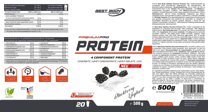 Best Body Nutrition Gourmet Premium Pro Protein, Blackberry Yoghurt, 4 Components Protein Shake: Caseinate, Whey Concentrate, Whey Isolate, Egg Protein, 500 G Tub - NewNest Australia