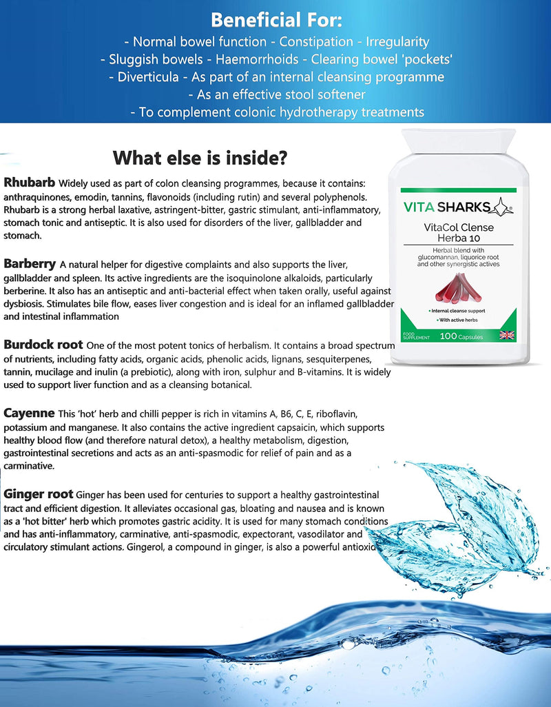 VitaCol Cleanse & Clear Herba 10 | Natural Stool Softening Vegan Colon Detoxifying & Bowel Cleansing Formula. 10 Kosher, Herbal Ingredients for Faecal Regularity & Relieve Constipation - NewNest Australia