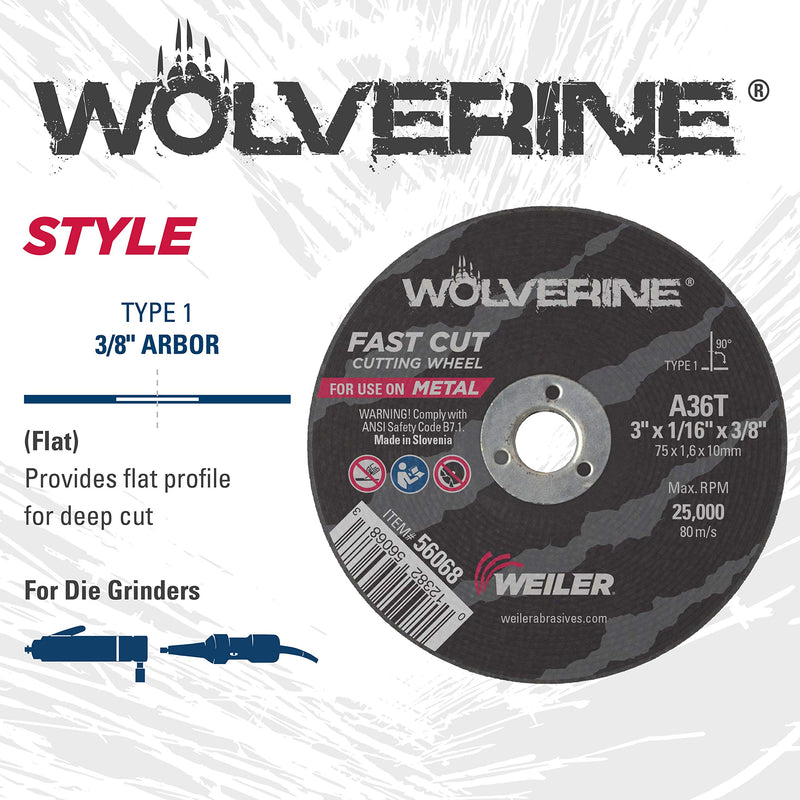 Weiler 56089 Die Grinder Cut-Off Wheel and Mandrel Kit Including 56490 Mandrel and 3-Inch x 1/16" Wolverine T1 Thin Wheels, A36T, 3/8" AH (1 Mandrel and 10 Cutting Discs) Mandrel & 10 Cutting Wheels - NewNest Australia