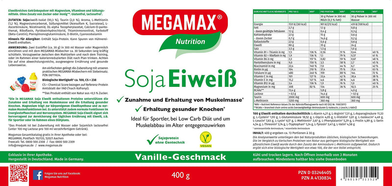 Megamax Soy Protein + Taurine + L-Methionine Vanilla 400 G Gluten Free | Soy Protein Isolate Low Carb | Vegetable Protein Lactose Free | Aspartame Free | Vegan Protein For Muscle Building And Muscle Maintenance - NewNest Australia