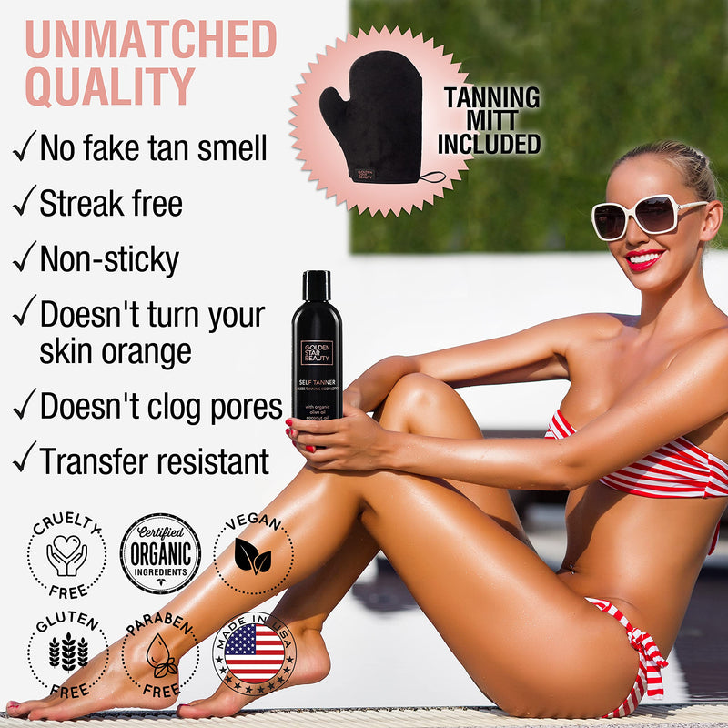 Self Tanner with Tanning Mitt - Sunless Tanning Lotion with Organic Oils Gradual Body Bronzer for Light or Medium Tan, 236 ml Lotion with Mitt - NewNest Australia