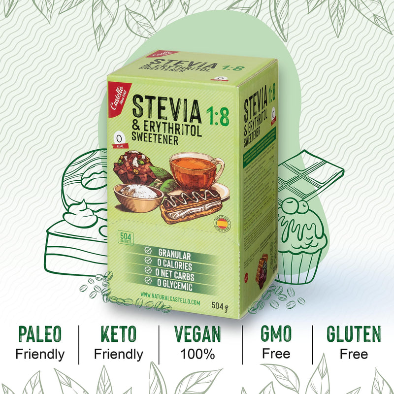 Stevia + Erythritol 1:8 Sweetener | 504 Sachets Of 1G | 100% Natural Sugar Substitute - 0 Calories - 0 Glycemic Index - Keto And Paleo - 0 Carbohydrates - No Gmo - Castello Since 1907-504 G - NewNest Australia