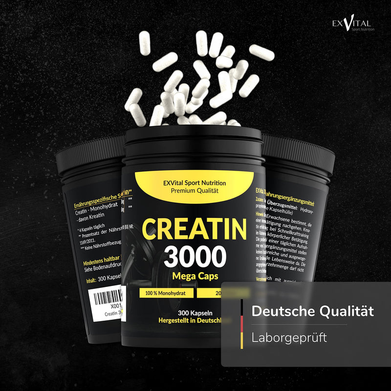 Creatine 3000 Mega Caps, Workout Booster, 3000 mg Creatine Monohydrate per Daily Dose, 300 Vegan Capsules, 100% Pure with Mesh Factor 200 - Halal & Vegan - NewNest Australia