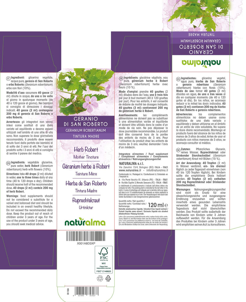 Herb Robert (Geranium robertianum) herb with Flowers Alcohol-Free Mother Tincture Naturalma | Liquid Extract Drops 120 ml | Food Supplement | Vegan 120 ml (Pack of 1) - NewNest Australia