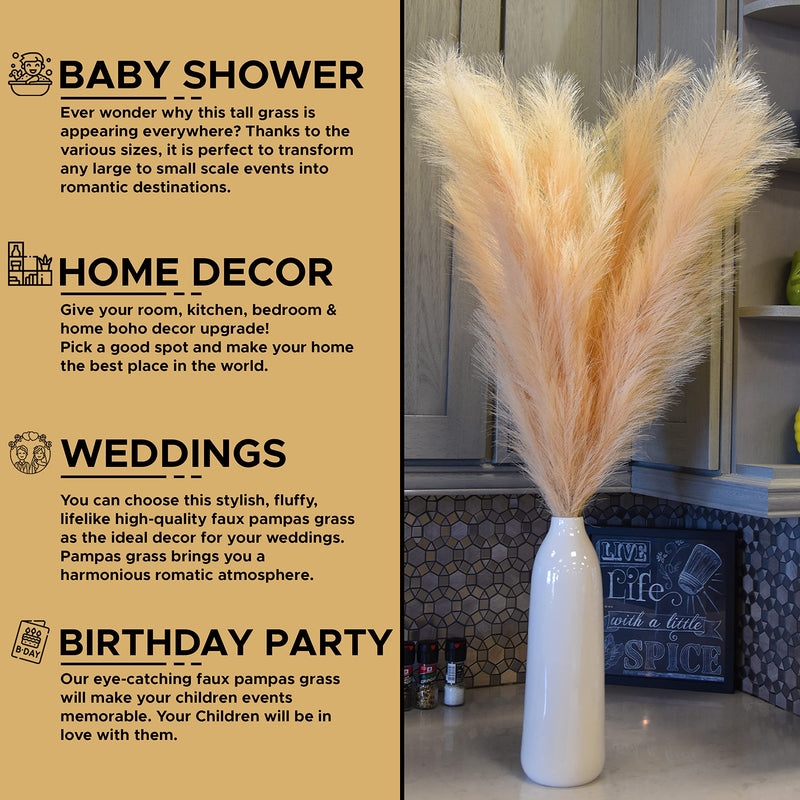 Aurora Prime Faux Pampas Grass Decor Tall Set of 3 Pcs-43 Inches Non Shedding Artificial Pampas Grass Large - Pompas Fluffy Floral Pompous Grass Beige Branches for Vase Home Office Wedding Room Décor - NewNest Australia
