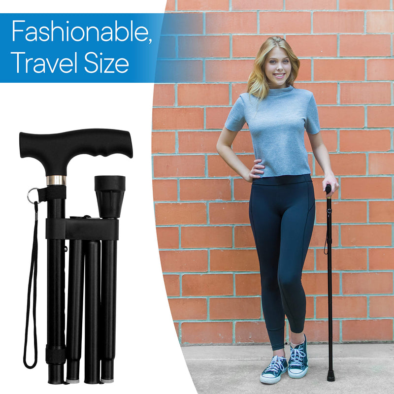 RMS Folding Cane - Foldable, Adjustable, Lightweight Aluminum Offset Walking Cane - Collapsible Walking Stick with Ergonomic Derby Handle - Ideal Daily Living Aid for Limited Mobility (Black) Black - NewNest Australia