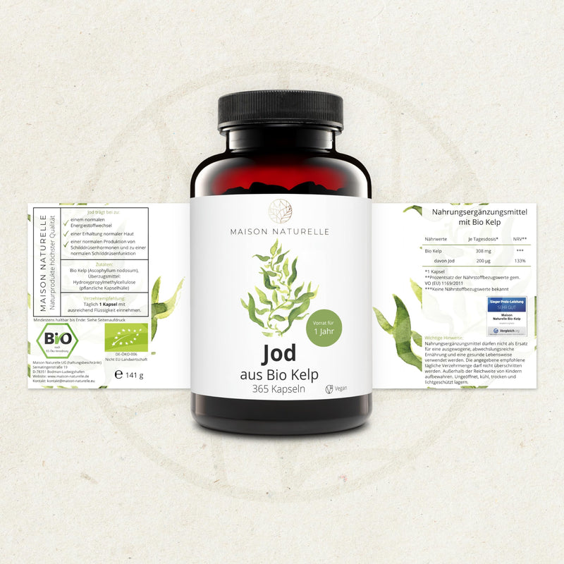 MAISON NATURELLE® IODINE from organic kelp (365 pieces) - 100% pure iodine capsules, extract from brown algae without additives - optimally dosed with 195 µg natural iodine per capsule - iodine tablets - NewNest Australia