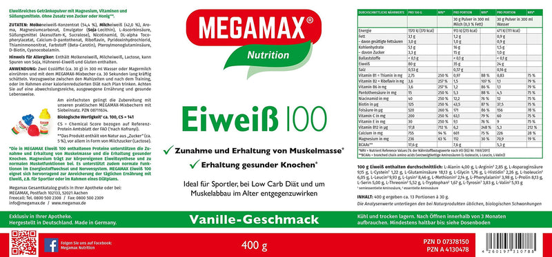 Megamax Protein Vanilla 400 G, Whey Protein + Milk Protein For Muscle Building, Diet, 2K Protein Ideal For Baking, High-Quality Low Carb Shake, Apartame-Free Protein Powder With Amino Acid - NewNest Australia