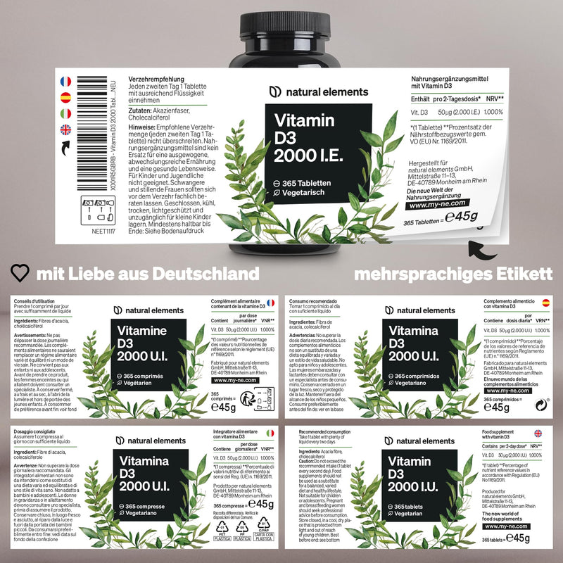 natural elements Vitamin D3 2000 IU - 365 tablets - for bones and immune system - high dosage, without unnecessary additives - produced in Germany & laboratory tested - NewNest Australia