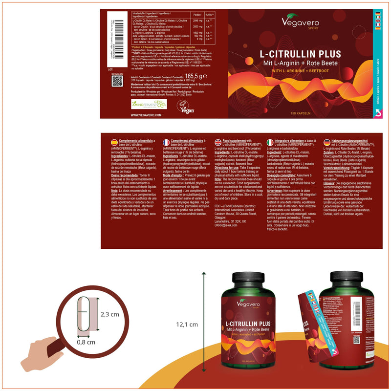 L-Citrulline Malate | High Dosage: 2000 Mg Citrulline | With L-Arginine Base + Beetroot | Fermentation | Pre Workout | Laboratory Tested | Vegan - No Additives | German Production By Vegavero - NewNest Australia