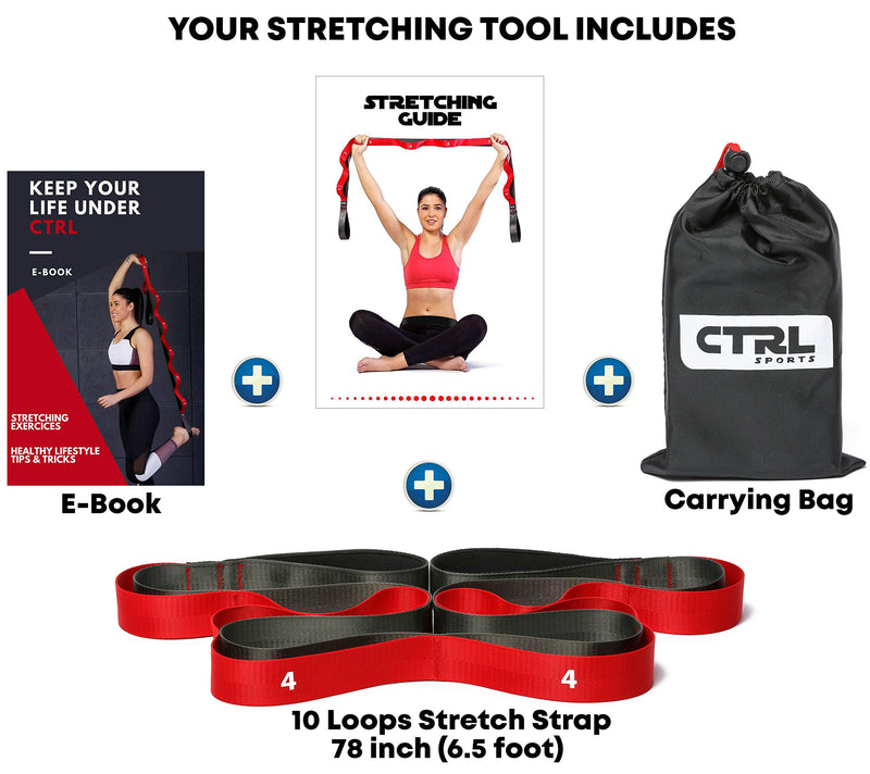 Stretching Strap with Loops for Physical Therapy, Yoga, Exercise and Flexibility - Non Elastic Fitness Stretch Band + Exercise Instructions & Carry Bag by CTRL Sports 10 Loops - Red - NewNest Australia