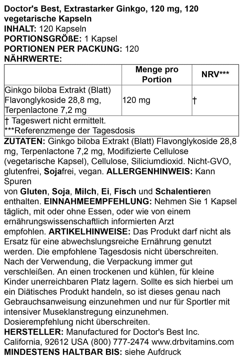 Doctor's Best Extra Strength Ginkgo, Non-GMO, Gluten Free, Vegan, Soy Free, Promotes Mental Function and Memory, 120 mg, 120 Count (Pack of 1) - NewNest Australia