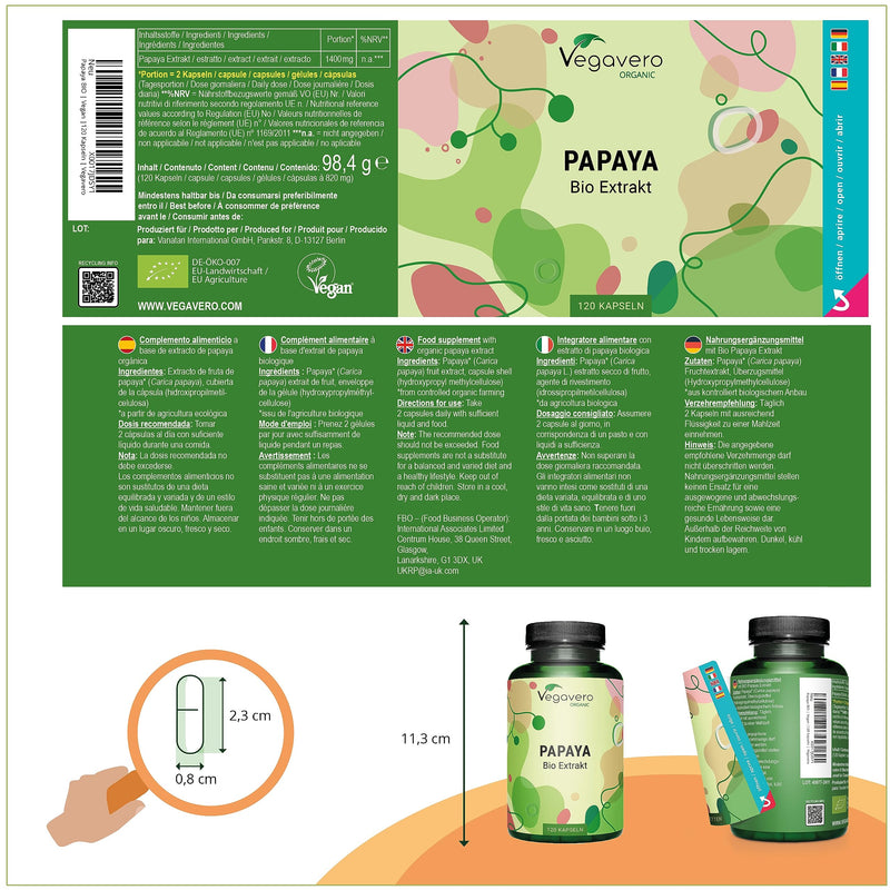 ORGANIC PAPAYA capsules Vegavero® | High dosage: 1400 mg extract | 120 capsules | 100% organic quality | Vegan & No Additives | Laboratory tested - NewNest Australia