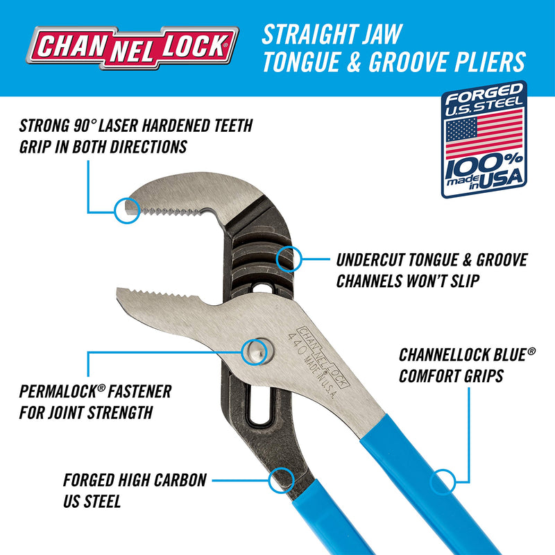 Channellock 440 Tongue and Groove Pliers | 12-Inch Straight Jaw Groove Joint Plier with Comfort Grips | 2.25-Inch Jaw Capacity | Laser Heat-Treated 90° Teeth| Forged High Carbon Steel | Made in USA, Black, Blue, Silver - NewNest Australia