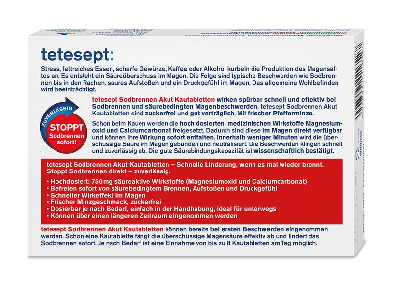 tetesept heartburn acute chewable tablets with fresh mint flavor, sugar-free - fast-acting stomach tablets against heartburn - 5 packs of 20 tablets - NewNest Australia