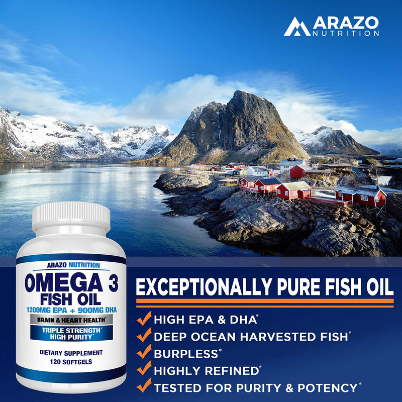 Omega 3 Fish Oil 4,080mg - High EPA 1200mg + DHA 900mg Triple Strength Burpless Softgels - Arazo Nutrition (120 Soft Gels) 120 Count (Pack of 1) - NewNest Australia