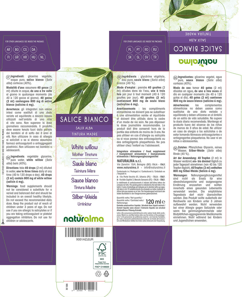 White Willow (Salix alba) bark Alcohol-Free Mother Tincture Naturalma | Liquid Extract Drops 120 ml | Food Supplement | Vegan 120 ml (Pack of 1) - NewNest Australia