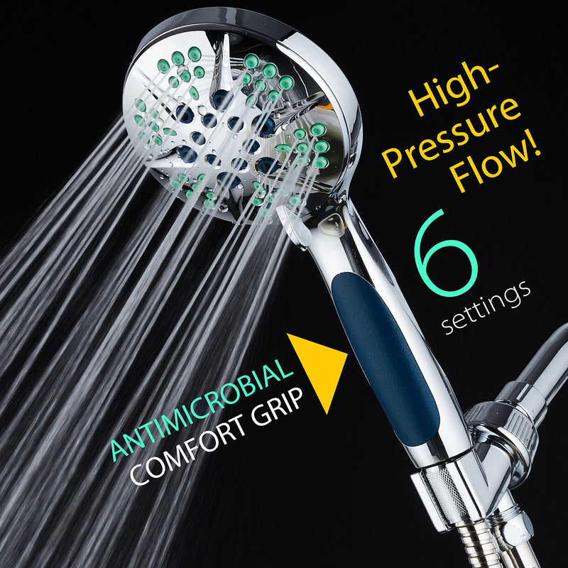 Hotel Spa Notilus Antimicrobial High Pressure Luxury Hand Shower - 6 Settings, Antimicrobial Anti-Clog Nozzles and Grip, Metal Fittings, Stainless Steel Hose / All-Chrome Finish / Top American Brand - NewNest Australia