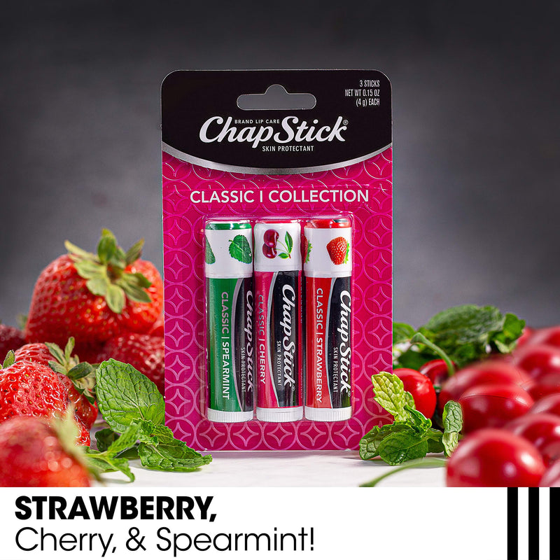 ChapStick Classic Lip Balm Tubes Variety Pack, Non-Tinted, Cherry/Strawberry/Spearmint, 0.15 Oz, 3 Count - NewNest Australia