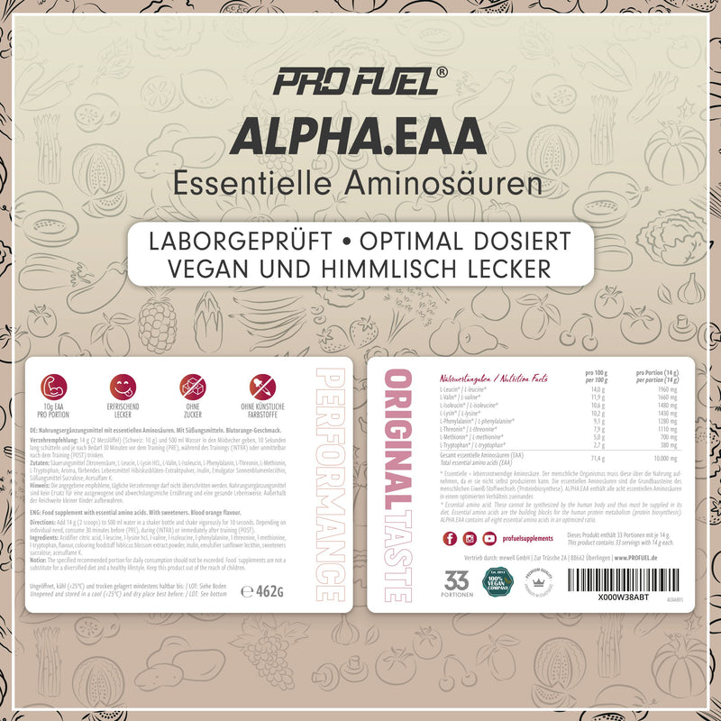 Alpha Eaa Powder 462 G All 8 Essential Amino Acids Vegan Eaas Amino Acids Powder Amino Workout Drink Made In Germany Optimal Quality Delicious Flavor (Blood Orange) - NewNest Australia