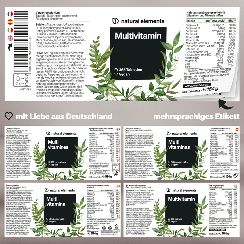 Multivitamin - 365 vegan tablets - annual supply - valuable vitamins AZ, with vitamin K1 and K2 - without unnecessary additives - produced in Germany & laboratory tested - NewNest Australia