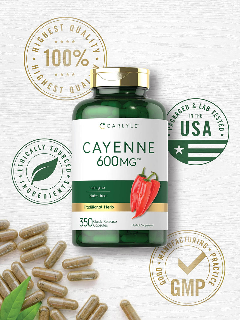 Cayenne Pepper Capsules 600mg | 350 Pills | Non-GMO, Gluten Free Supplement | by Carlyle - NewNest Australia