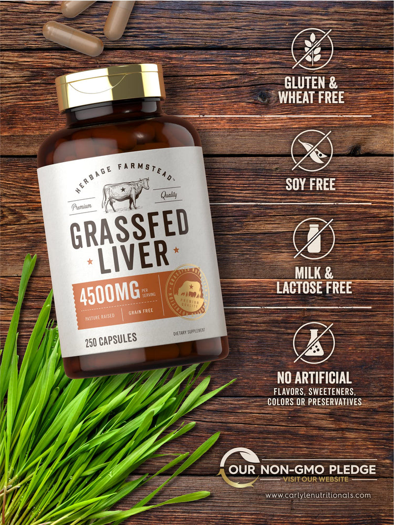 Grassfed Beef Liver Capsules 4500mg | 250 Count | Desiccated Supplement | Non-GMO, Gluten Free | by Herbage Farmstead - NewNest Australia