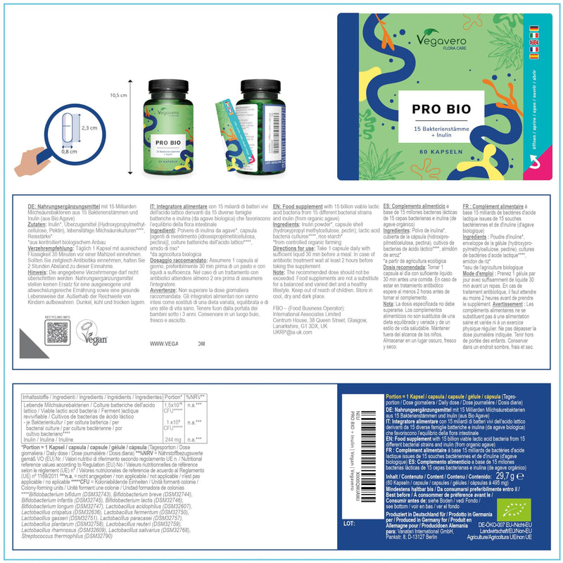 CULTURES Complex Vegavero® | 100% ORGANIC | 15 bacterial strains with inulin | Lactobacillus & Bifidobacterium | 60 gastro-resistant capsules | Laboratory tested | Vegan - NewNest Australia