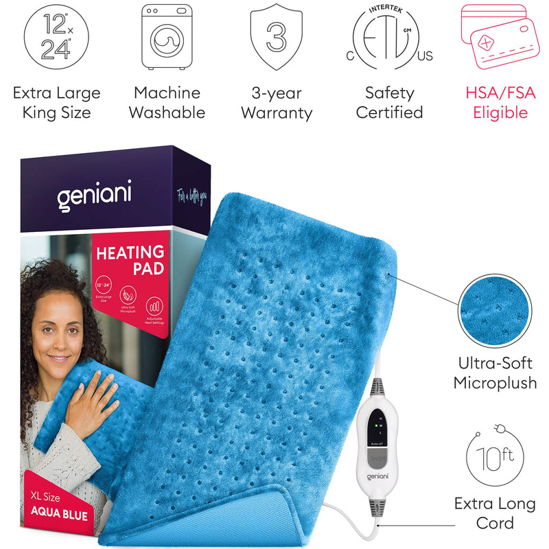 GENIANI Extra Large Electric Heating Pad for Back Pain and Cramps Relief - Auto Shut Off - Soft Heat Pad for Moist & Dry Therapy - Heat Patch (Aqua Blue) Xl Aqua Blue - NewNest Australia