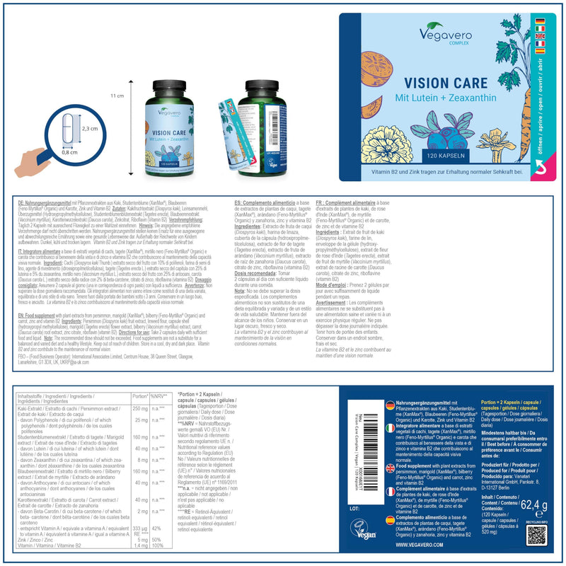 VISION CARE Vegavero® | Eye vitamins: Lutein & Zeaxanthin | VISION & EYES* | 120 capsules | with beta carotene, blueberry, vitamin B2 & zinc | Without additives | Vegan - NewNest Australia