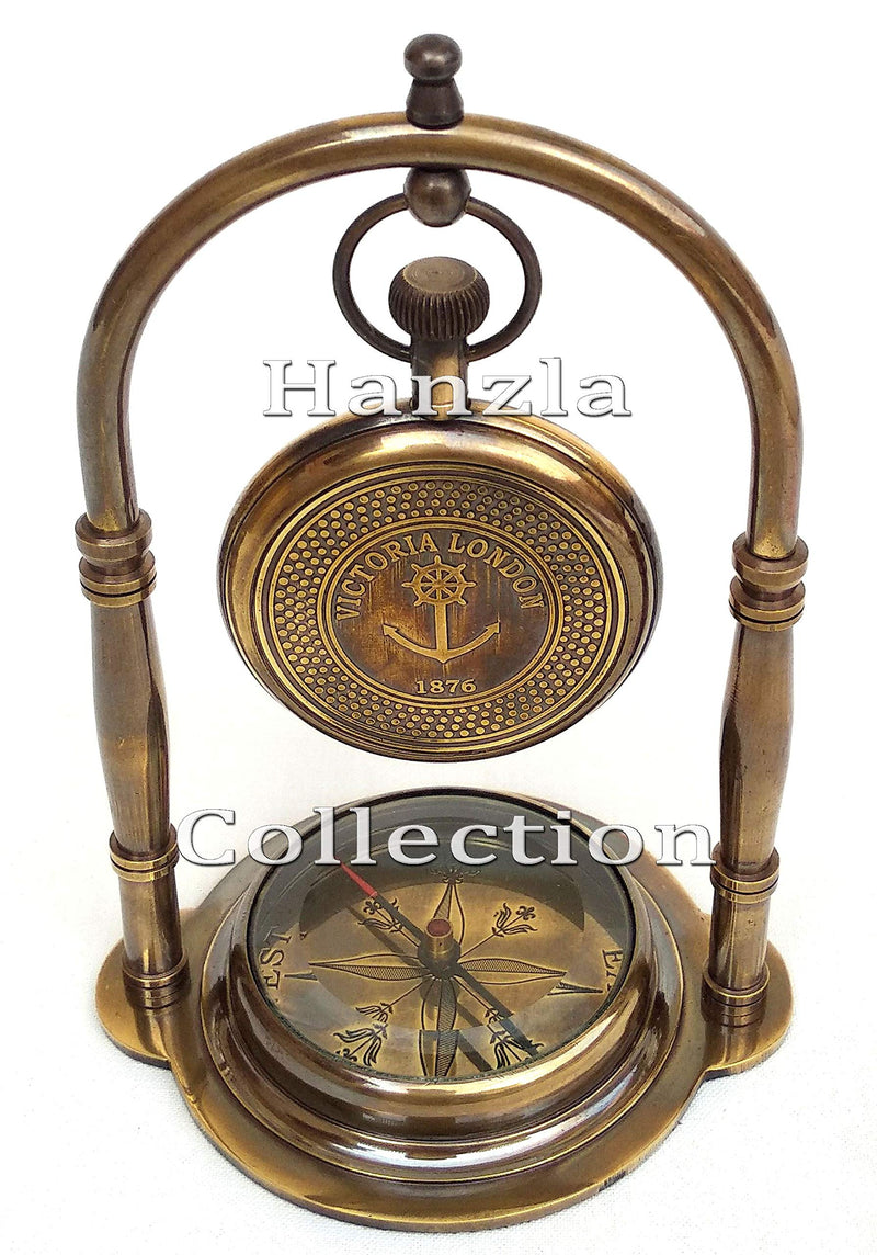 NewNest Australia - Hanzla Collection Nautical Clock Ship Table Clock Brass Desk Clock Maritime Brass Compass with Antique Victoria London Pocket Watch 