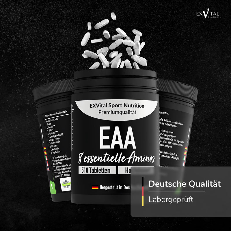 EXVital EAA tablets with 1036 mg per tablet - 510 tablets, all 8 essential amino acids EAAs - multi amino high dose - vegan - bottled in Germany - without additives - NewNest Australia