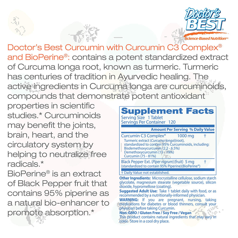 Doctor's Best Curcumin From Turmeric Root with C3 Complex & BioPerine, Non-GMO, Gluten Free, Soy Free, Joint Support, 1000 mg, 120 Tablets - NewNest Australia