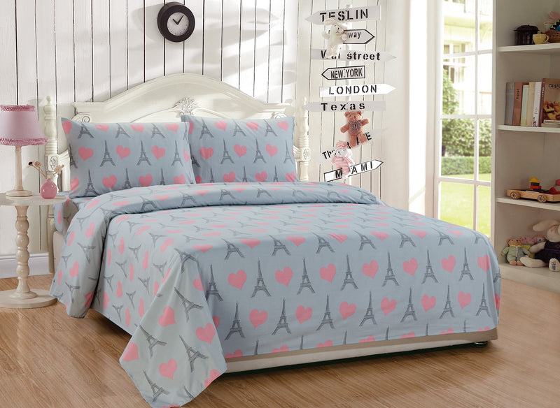 MK Home 3pc Twin Size Sheet Set for Girls Paris Bedding Eiffel Tower Pink Grey New - NewNest Australia